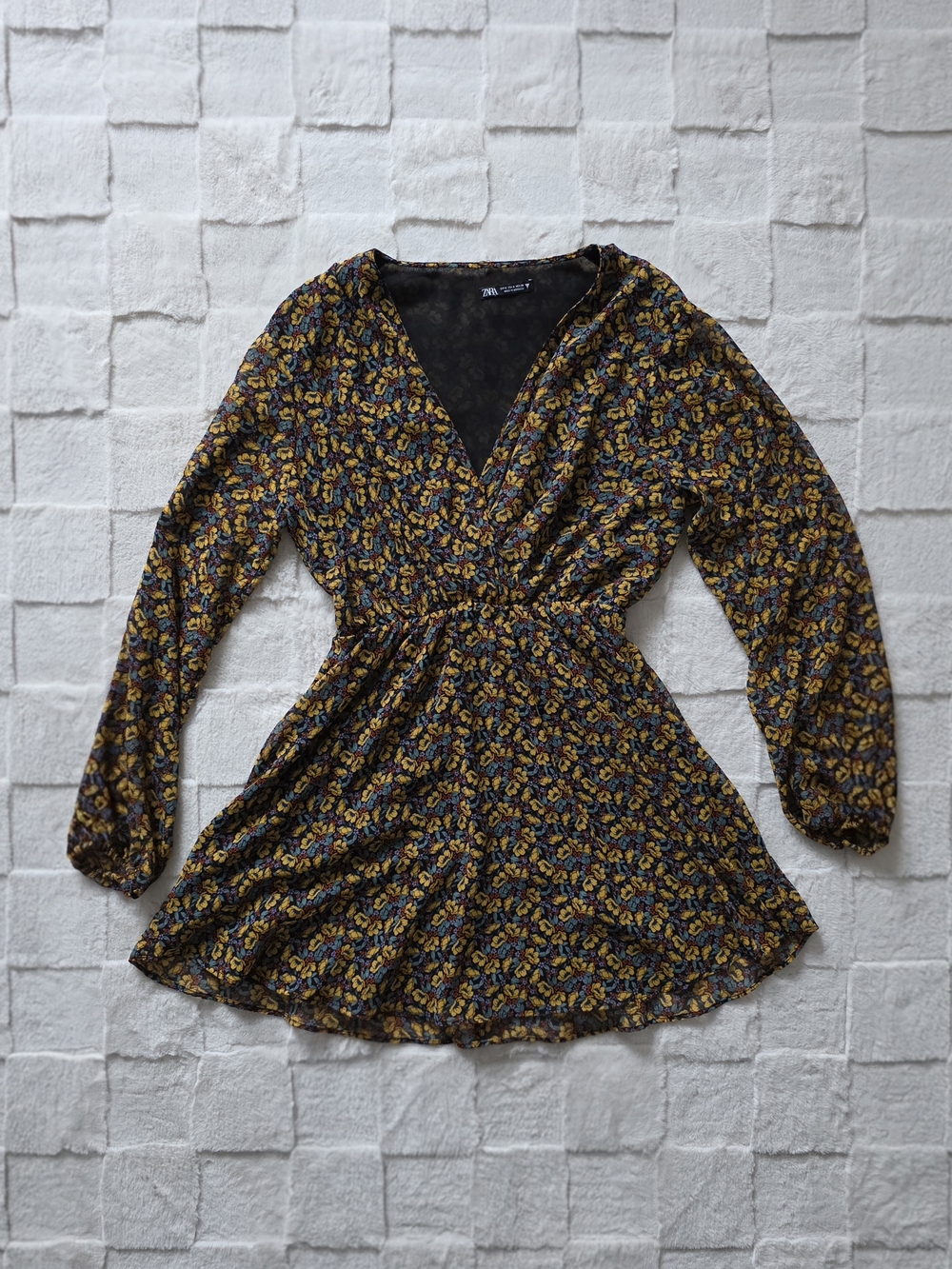 Zara Sheer Floral Long Sleeve Mini Dress with Yellow & Blue Accents